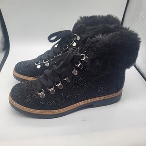 INC Black Rhinestone and Fur Lace Up Hiker Boots